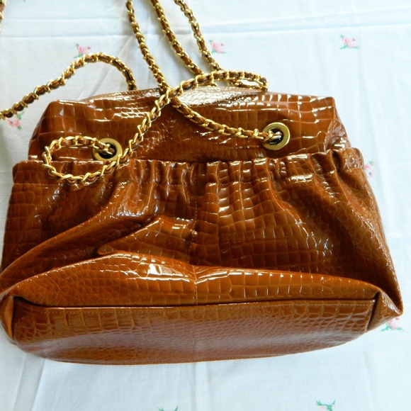 Vintage 70s 80s Croc Patent Chain Strap Purse Bag - Picture 3 of 5
